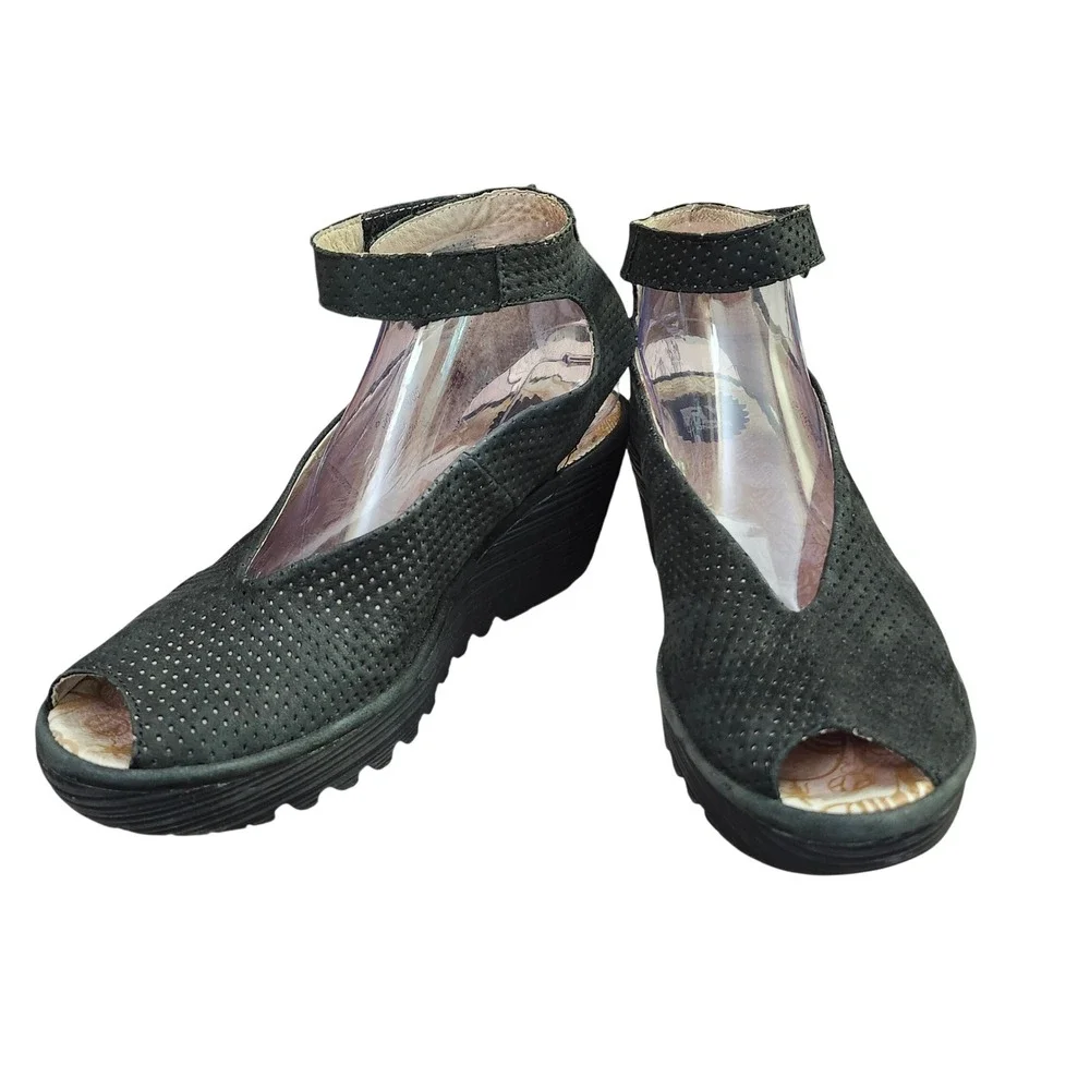 Fly London Yala Black Perforated Nubuck Leather Wedge Sandals Peep Toe 41